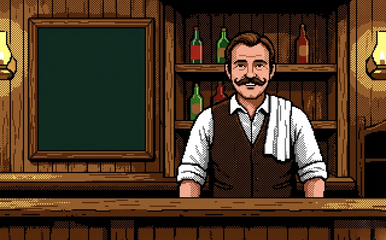 Pixel art bartender standing behind a saloon bar